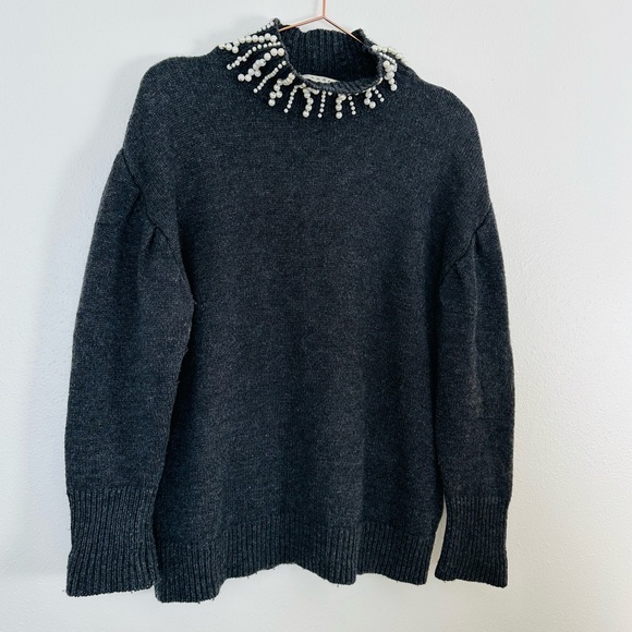 Sandro Faux Pearl Embellished Mock neck cozy lane wool sweater gray - Picture 6 of 8